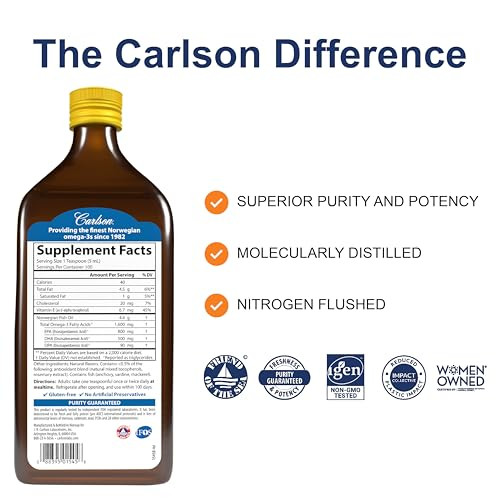 Carlson - The Very Finest Fish Oil, 1600 mg Omega-3s, Liquid Supplement, Norwegian, Wild-Caught, Sustainably Sourced , Lemon, 16.9 Fl Oz