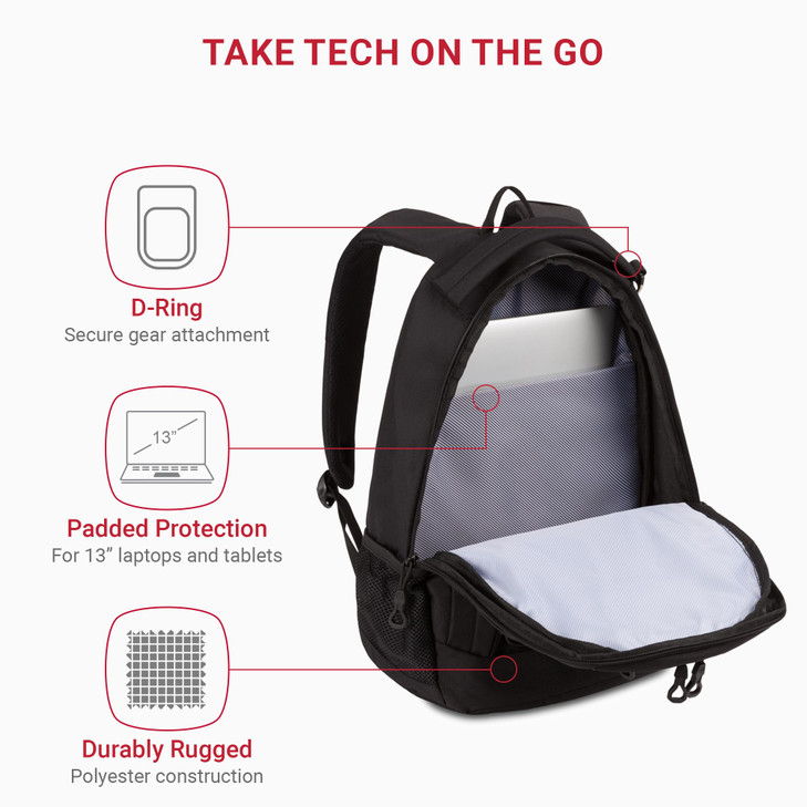 SwissGear 1186 Special Edition 13 Laptop Backpack Black  Compact Tech Bag with Reflective Accents  Multiple Organizer Pockets with Bungee Cords &