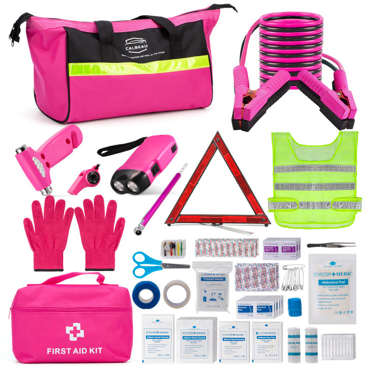 CALBEAU Roadside Emergency Car Kit for Vehicles, Pink Emergency Roadside Assistance kit with Car First Aid Kit, Thoughtful Car Emergency Kit for Wome