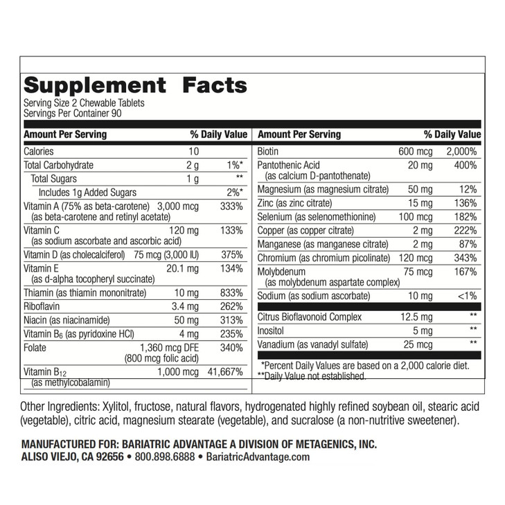 Bariatric Advantage Chewable Essential Multivitamin Without Iron - 200 DV of Key Nutrients - Trace Mineral Support - Multivitamins for Bariatric Pati