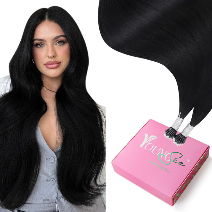 YoungSee Black Nano Hair Extensions Real Human Hair Jet Black Nano Beads Hair Extensions Black Nano Ring Hair Extensions Real Human Hair Gifts for Wo