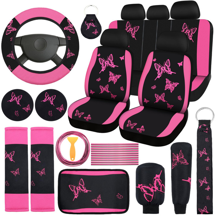 BBTO 43 Pcs Butterfly Car Seat Full Set Butterfly Car Accessories for Women 5 Front Rear Seat Covers Wrist Strap 2 Pcs Cup Mat Armrest Pad 2 Belt Xma