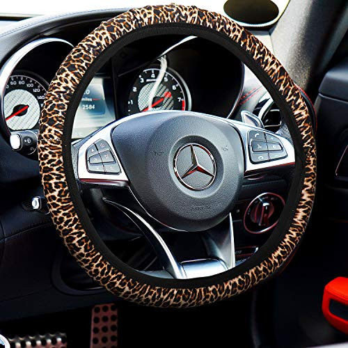 7-Piece Leopard Print Car Accessory Set - Steering Wheel Cover, Car Coasters, Keyring, Armrest Pad & Seat Belt Pads for Most Cars