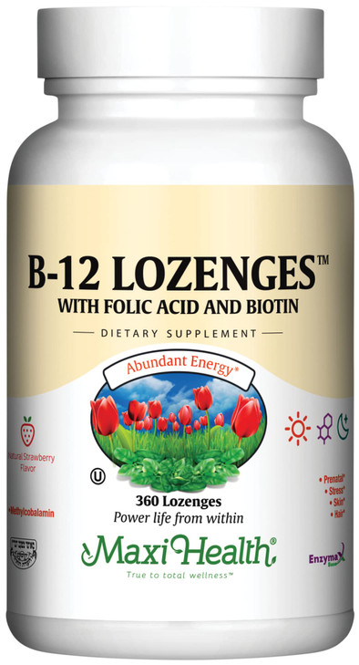 Maxi Health Vitamin B12 Lozenges with Folic Acid and Biotin - Sublingual B12 Vitamins Strawberry Flavor - Vegetarian Kosher B 12 Vitamin for Red Bloo