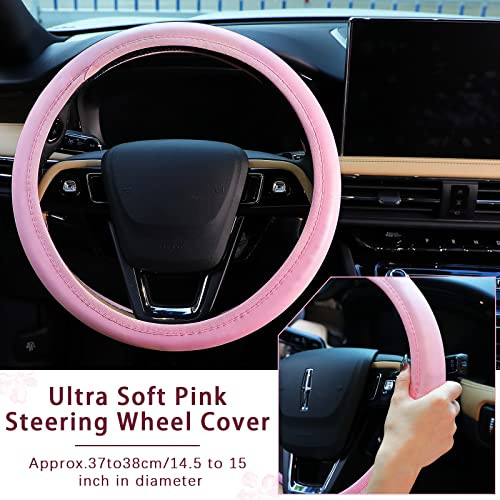 Frienda 10 Pcs Leather Steering Wheel Cover Set for Women 14.5-15 Inch Car Accessories with Seat Belt Shoulder Pad Seatbelt Cover Cup Holder Start Bu