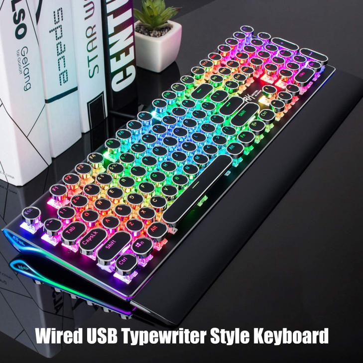 RK ROYAL KLUDGE S108 Typewriter Keyboard, Retro Mechanical Gaming Keyboard Wired 108 Keys with RGB Backlit Sidelight, Detachable Wrist Rest, Round Ke
