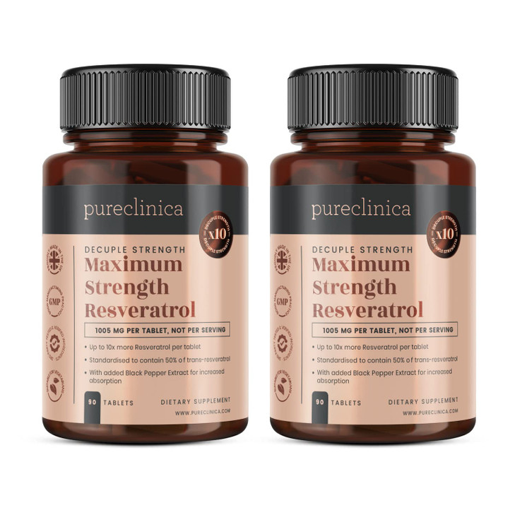 pureclinica 1000mg Resveratrol x 180 Tablets (2 Bottles of 90 Tablets Each - 6 Months Supply). 10 x Strength and with Black Pepper Extract for Faster