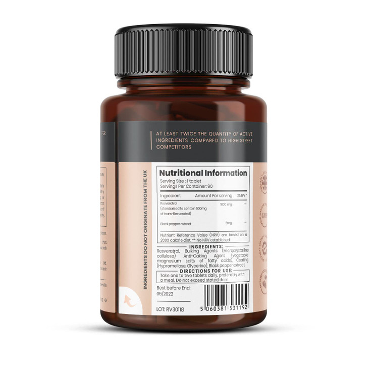 pureclinica 1000mg Resveratrol x 180 Tablets (2 Bottles of 90 Tablets Each - 6 Months Supply). 10 x Strength and with Black Pepper Extract for Faster