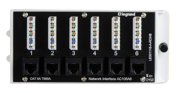 Legrand - OnQ Home Theater Patch Panel, 6 Port Interface Module, Cat 6A Network Patch Panel for Wired Ethernet Connection, Black, AC106A6