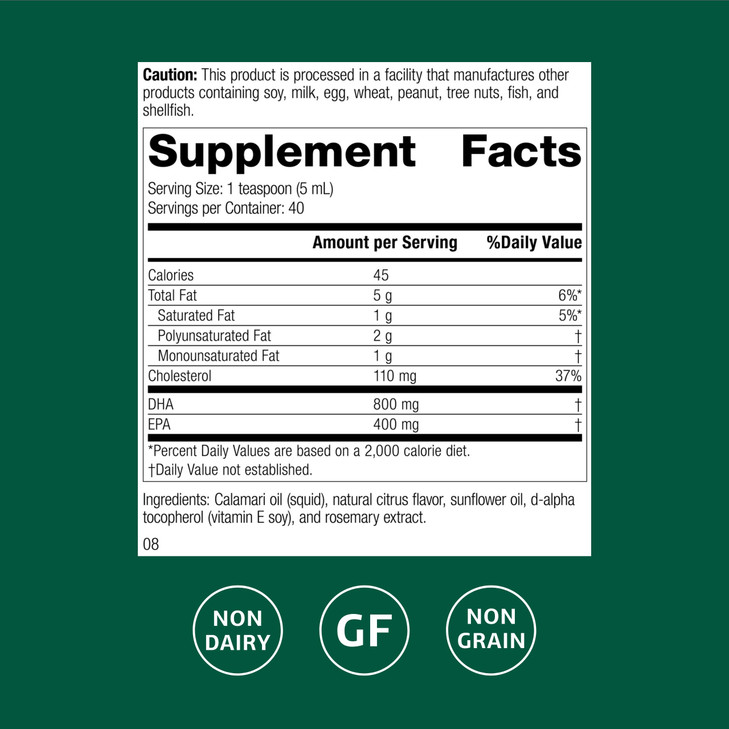 Standard Process Calamari Omega-3 Liquid - Supplement for Heart & Brain Health Support - Aids Skin Health - Gluten-Free, Non-Dairy & Non-Grain - 6.8