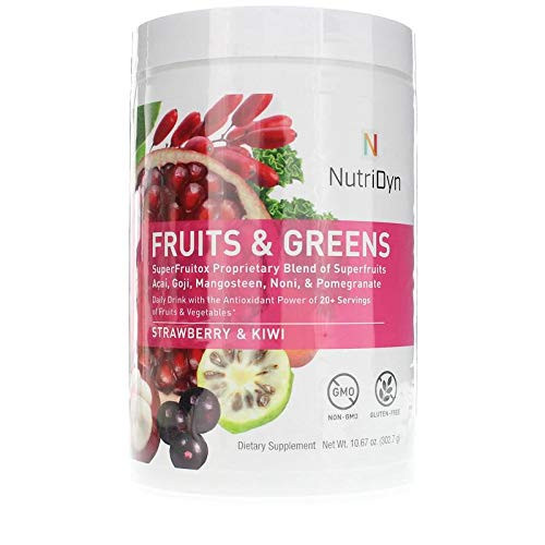 NutriDyn Fruits & Greens Strawberry/Kiwi Flavor *Certified Organic* w/ Acai, Gogi, Mangosteen, Noni & Pomegranate Super Fruits 300 Grams (Strawberry