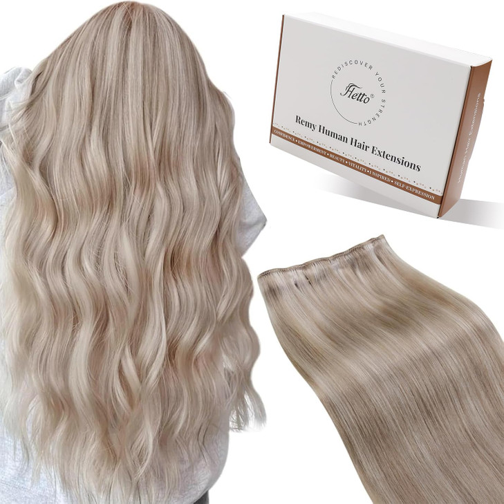 Hetto Sew in Hair Extensions Real Human Hair Ash Blonde Highlight Light Blonde Invisible Soft Smooth 20 Inch 100g