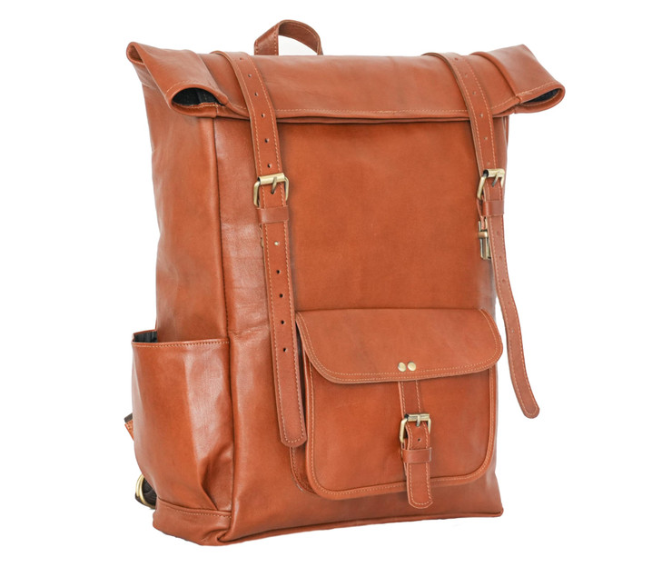 jaald 23" Brown Leather Backpack Vintage Rucksack Laptop Bag Large Travel Roll Top College Bookbag Comfortable Lightweight Travel Hiking/picnic For M