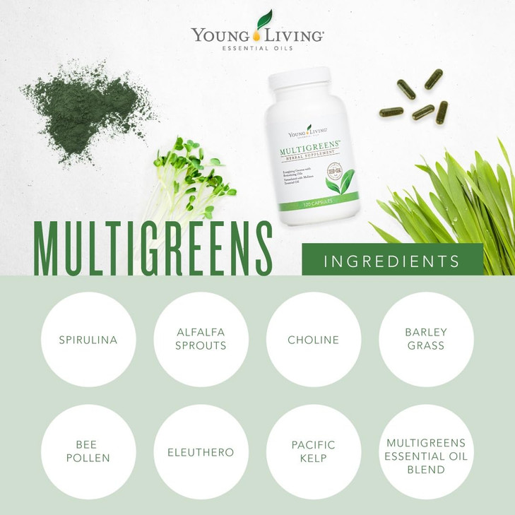 Young Living MultiGreens Capsules - 120 ct Essential Oils - Boost Vitality & Support Glandular, Nervous, Circulatory Systems - Herbal Supplement with