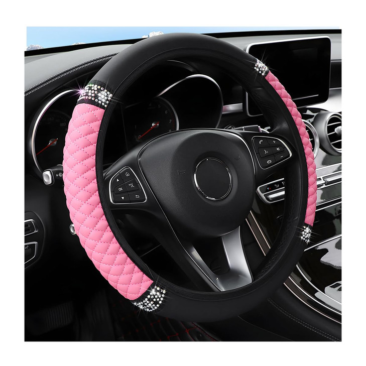Osilly Bling Car Steering Wheel Cover, 15 Inch Rhinestones Soft Leather Elastic Steering Wheel Protector, Sparkly Crystal Diamond for Women Girls, Ca