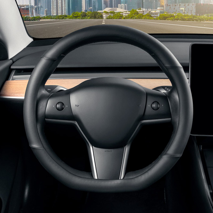 SEG Direct Flat Bottom Steering Wheel Cover, D Shaped Car Wheel Cover 14-14 1/4 in. (35.5-36 cm), for Tesla Model 3 / Y, for Camaro, Black Microfiber