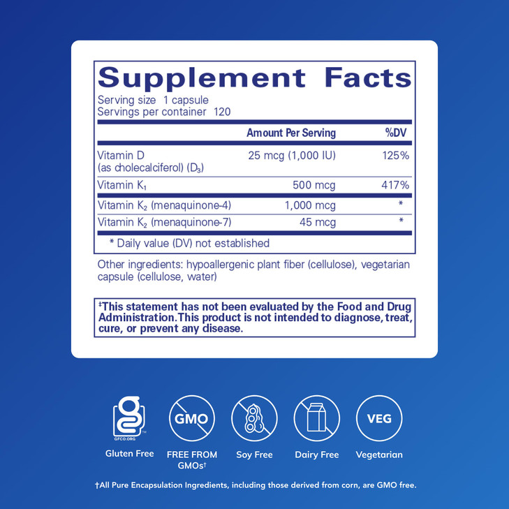 Pure Encapsulations Synergy K - with Vitamin K1, K2 & D3 - Supports Bones, Blood Vessels, Vascular Elasticity & Calcium Utilization* - Includes Chole