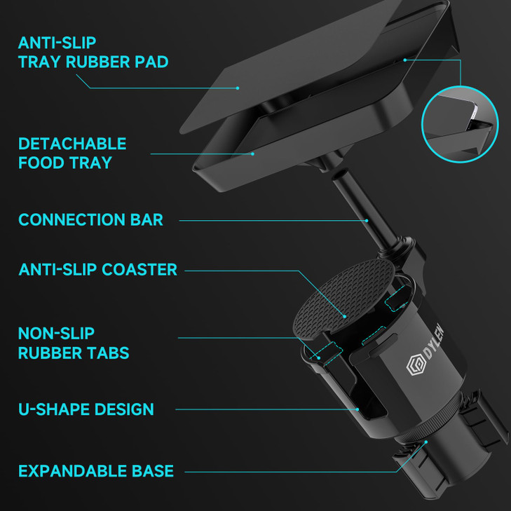 DYLEN Car Cup Holder Tray, Cup Holder Expander Adapter for Car, 9.5 Detachable Car Food Tray Table for Eating, Road Trip Essentials Fits Yeti, Hydro