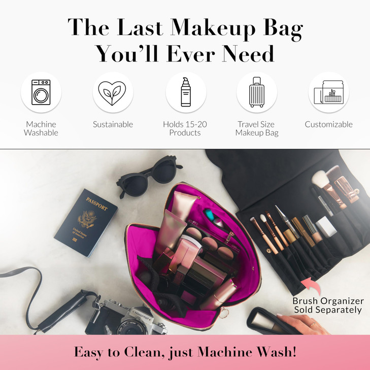 KUSSHI Washable Travel Makeup & Cosmetic Bag - Brush Organizer Sold Separately (Signature, Satin Black/Pink)