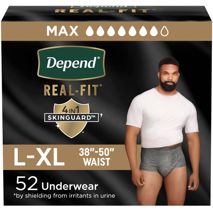 Depend Real Fit Adult Diapers, Incontinence Underwear for Men, Disposable, Maximum Absorbency, Large/Extra Large, 52 Count (2 Packs of 26), Packaging