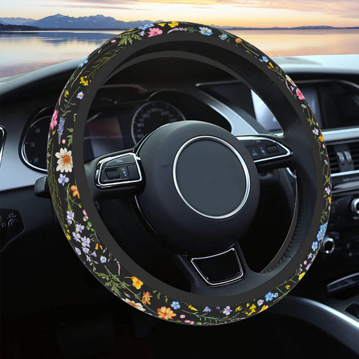 Car Steering Wheel Cover for Women Men, Non-Slip Breathable Steering Wheel, Wildflower Steering Wheel Protector, Car Accessories, Universal 14" 02/2-
