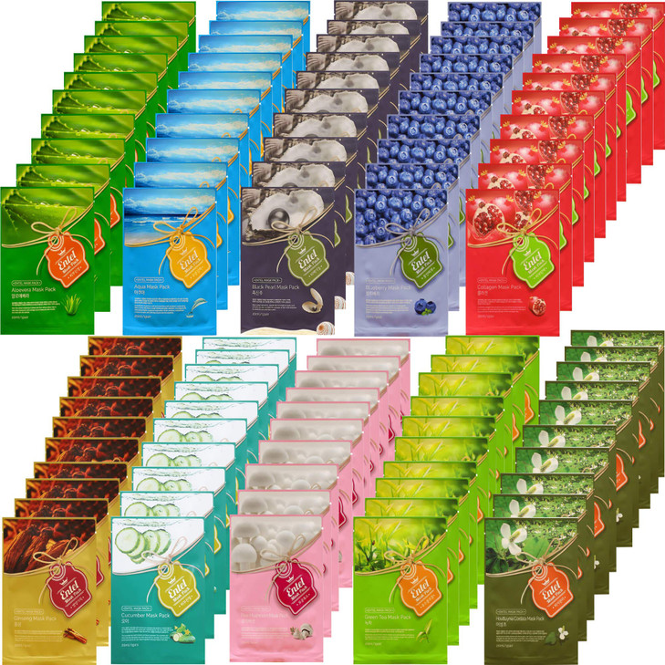 Entel 100 Pcs Combo Set, Premium Korean Essence Facial Mask Sheet (10 Types x 10 pcs), Facial Face Mask, Skincare for Men and Women.