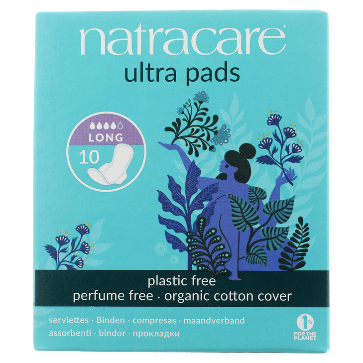 Natracare Slim Fitting Ultra Pads with Wings, Long, Made with Certified Organic Cotton, Ecologically Certified Cellulose Pulp and Plant Starch (12 Pa