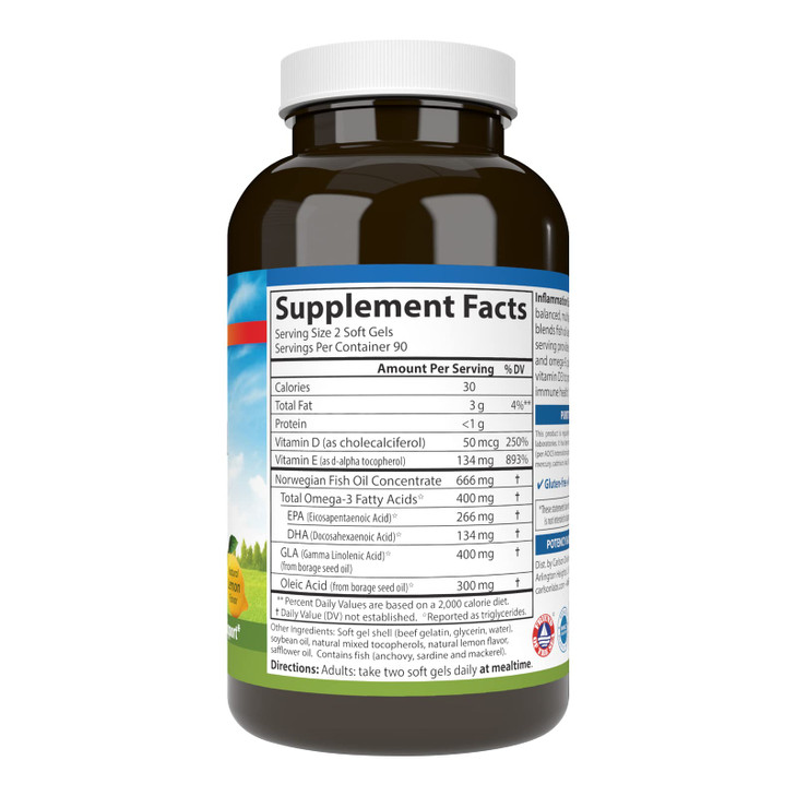 Carlson - Inflammation Balance, Balanced Omega-3 & Omega-6 Ratio, with D3, Norwegian, Wild-Caught Fish Oil Supplement with Fatty Acids, Sustainably S