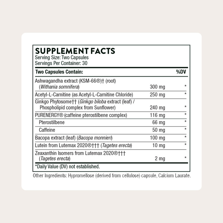 THORNE - Memoractiv - Nootropic Brain Supplement for Focus, Creativity, and Concentration - Ashwagandha, Ginkgo, Lutemax, Bacopa, Pterostilbene - Glu