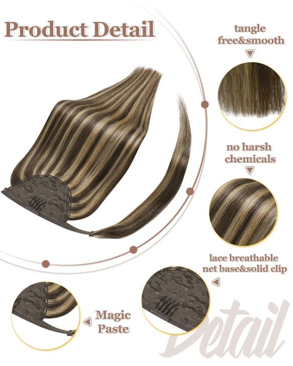 Hetto Highlight Pony Tails Hair Extension Human Hair Ponytail 18 Inch 80g Brown Highlight Blonde Magic Paste Pony Tails Hair Extensions