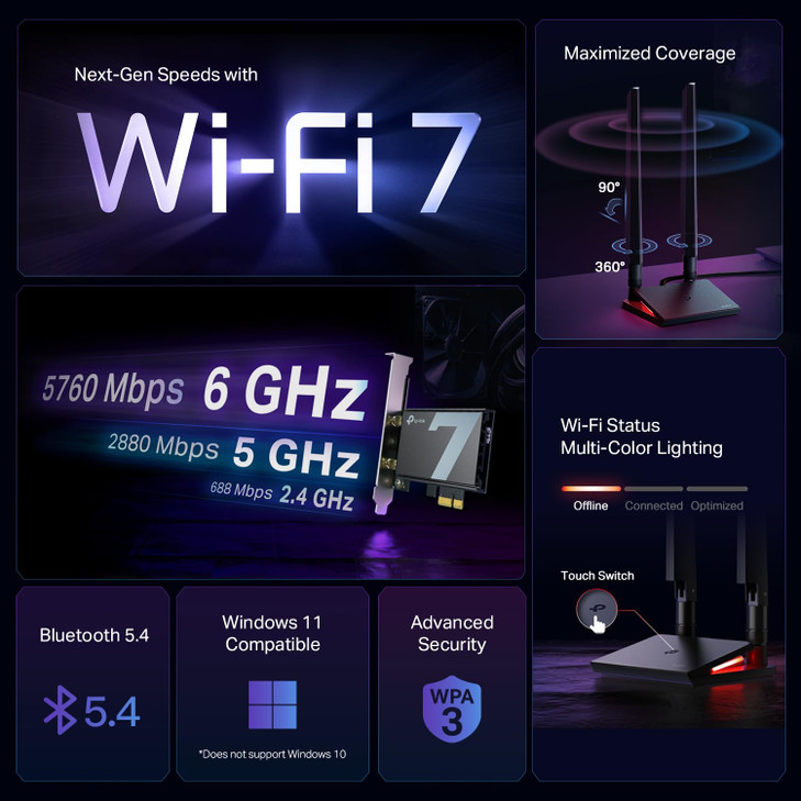 TP-Link WiFi 7 BE9300 PCIe WiFi Card for Desktop PC(Archer TBE550E), Tri-Band Wireless Adapter, Bluetooth 5.4, Multicolor Status LED, Supports AMD/In