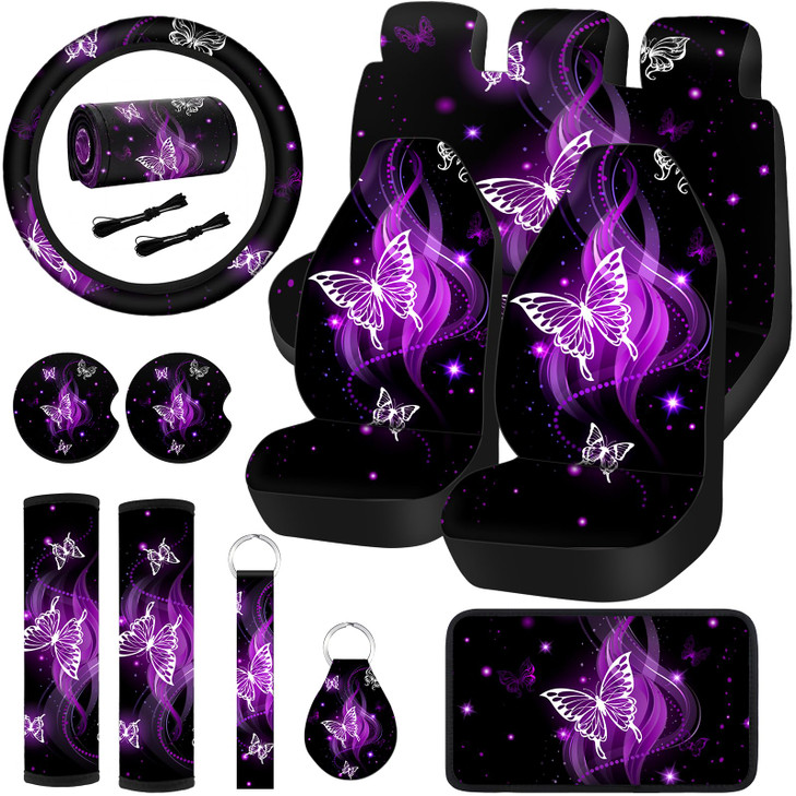 15 Pcs Butterfly Car Seat Covers Full Set Butterfly Front Rear Seat Covers Steering Wheel Cover Wrist Strap Coasters Armrest Shoulder Pads (Purple Gl