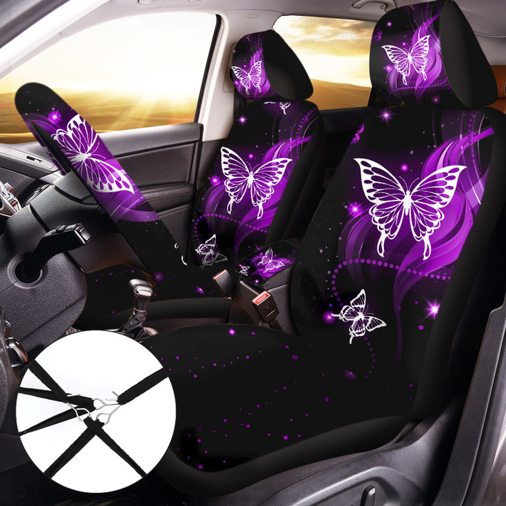 15 Pcs Butterfly Car Seat Covers Full Set Butterfly Front Rear Seat Covers Steering Wheel Cover Wrist Strap Coasters Armrest Shoulder Pads (Purple Gl