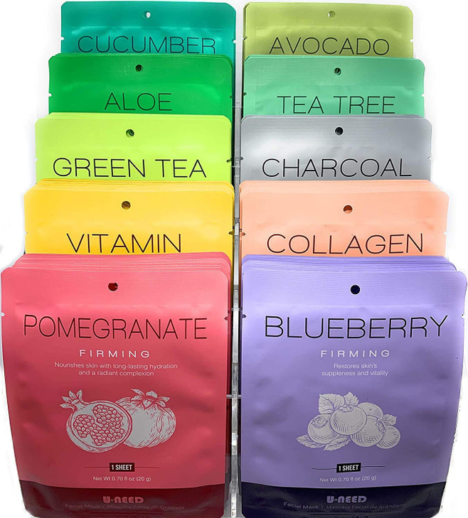 U-NEED 100 Combo Pack Korean Face Sheet Mask, 10 Types x 10 pcs, Tencel Facial Mask Sheet, Moisturizing, Made in Korea