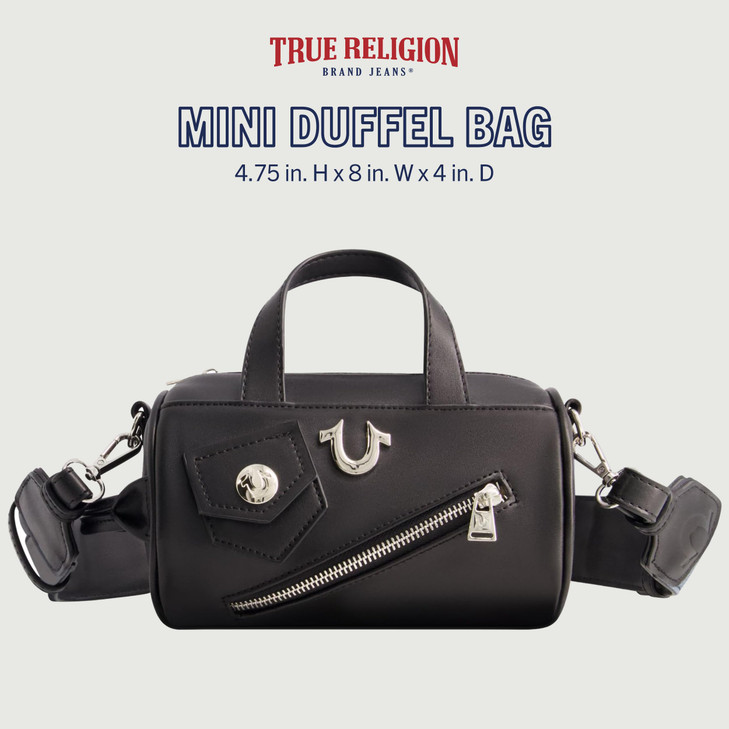 True Religion Women's Crossbody Bag, Mini Duffel Purse Handbag with Shoulder Strap, Black