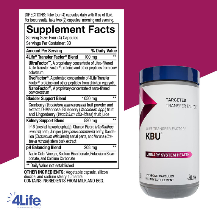 4Life KBU, Urinary Supplement, Transfer Factor for Bladder & Kidney Health with Cranberry, Blueberry, Dandelion & Juniper Berry - 120 Veggie Capsules