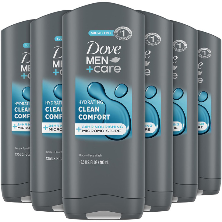 Dove Men+Care Body + Face Wash 6-Pack  Clean Comfort with 24HR Nourishing MicroMoisture, Lemon & Cedarwood Scent, 13.5 Oz Ea
