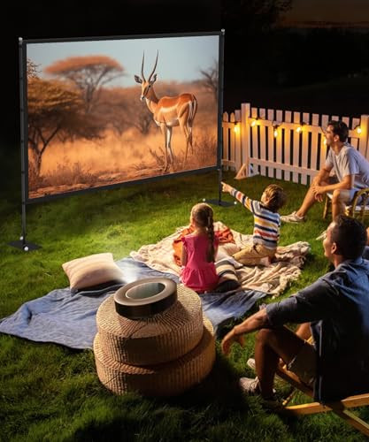 STWUI Outdoor-Projector-Screen-with-Stand - 120 inch Portable Projector Screen Indoor Outdoor Projector Screens 16:9 4K HD Lightweight Movie Screen w