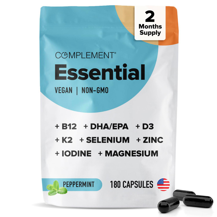 Complement Essential Vegan Multivitamin for Men & Women (60 Servings, 180 Capsules) with Omega-3 DHA & EPA, B12, Vitamin D3 & K2, Zinc, Selenium, Mag