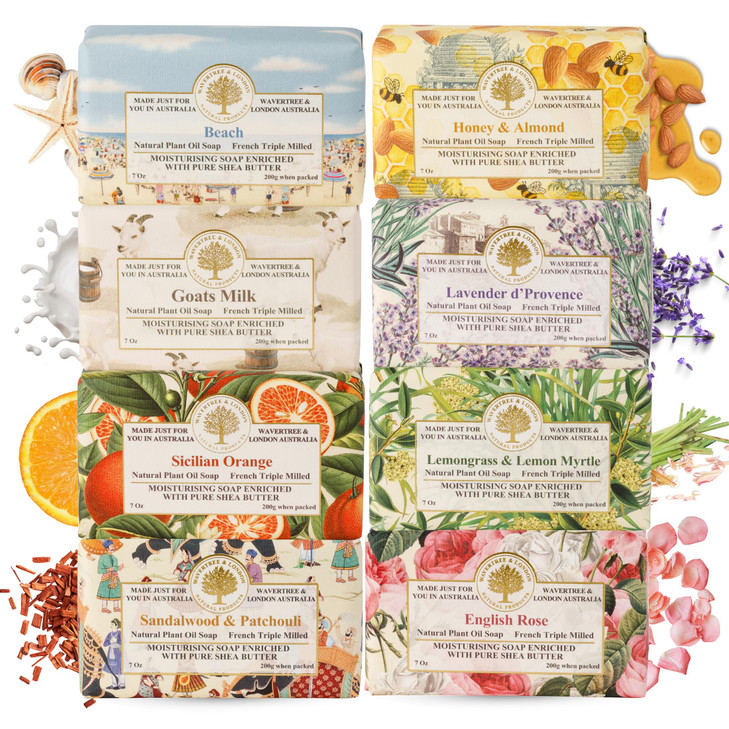 Wavertree & London Assorted Favorites 8 Bars Scented Natural Soap Bars, 7oz Each Moisturizing French Triple Milled Soap Bars Enriched with Shea Butte