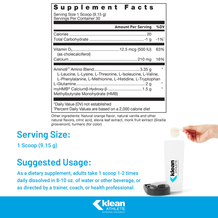 Klean Athlete Klean Essential Aminos + HMB - Blend of Essential Amino Acids - with HMB, Vitamin D3 & Glutamine for Lean Muscle Mass - 9.7 Ounces - Na