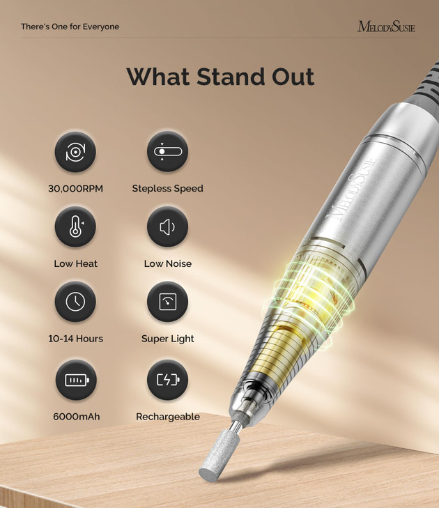 MelodySusie Entry-Level Clip-On Rechargeable Nail Drill, SC320H 30000RPM Popular Classic E-File with LCD Display for Manicure Shaping & Gel Removal,