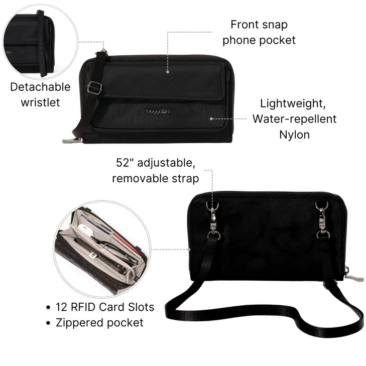 RFID Phone Wallet Crossbody - 8.4"x 4.5" Crossbody Phone Case with Card Holder, Black Twill