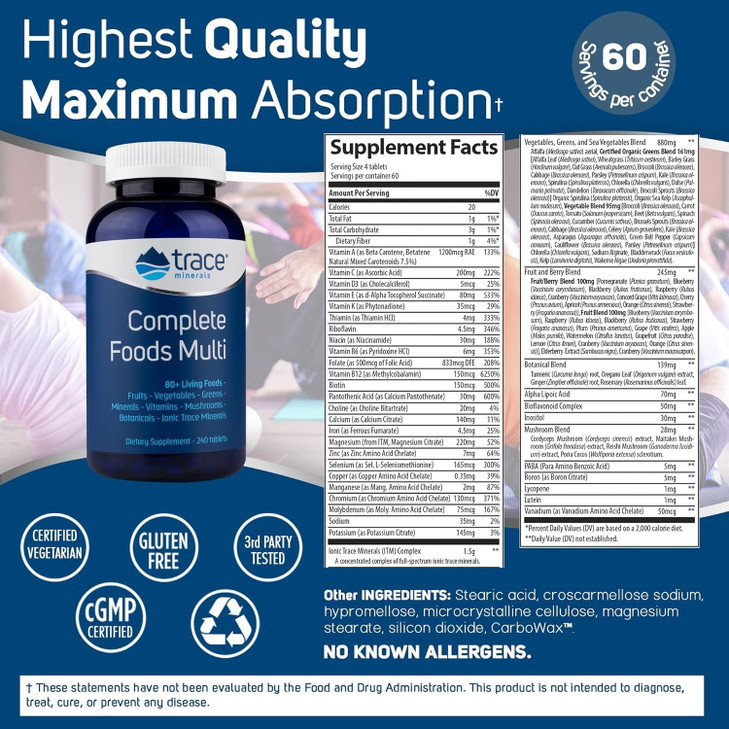 Trace Minerals Complete Foods Multi - Daily Multivitamin Supplement with Whole Foods, Minerals & Vitamins - Supports Body Mineral Health with Ionic T