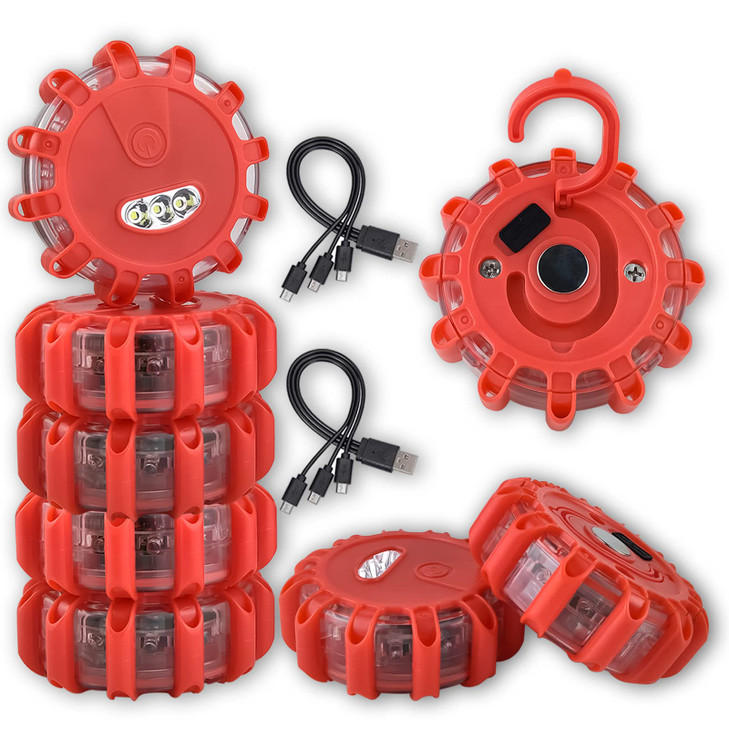 TEAHOOR 8 Pack Rechargeable LED Road Flares Roadside Emergency Car Kit, Emergency Lights for Vehicles with Magnetic Base & Hook, 3 in 1 USB Cable Inc