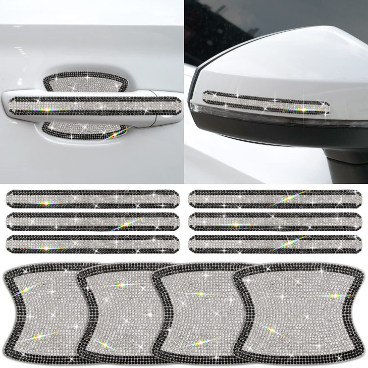 Gengki 10PCS Car Door Handle Bling Rhinestones Stickers Universal Auto Door Handle Scratch Cover Guard Protective Film Pad with Safety Reflective Str
