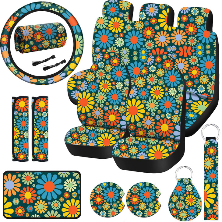 Tallew 17 Pcs Hippie Flower Car Seat Covers Set, Universal Car Accessories, Colorful Art Floral Seat Covers, Steering Wheel, Armrest, Cup Holder, Key