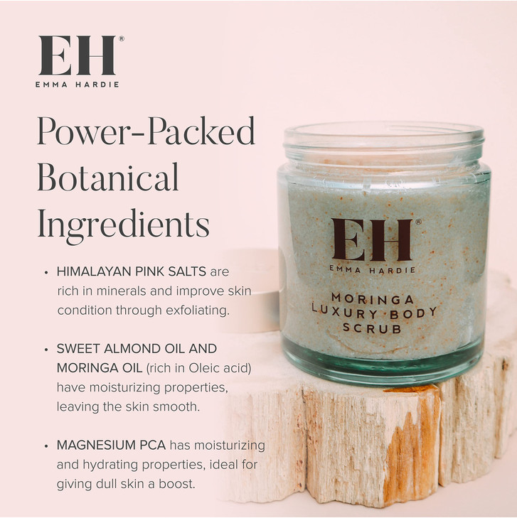 Emma Hardie 350g Moringa Luxury Body Scrub with Himalayan Pink Salt, Moringa and Sweet Almond Oil, Detoxifies and Exfoliates Skin, For All Skin Types