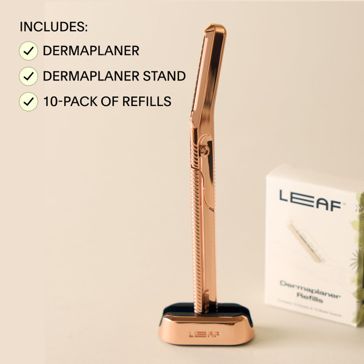 Leaf Shave | Leaf Dermaplaner Kit, All-Metal Reusable Dermaplane Razor and Exfoliating Tool for Women, Includes Matching Stand and 10-Pack of Refills