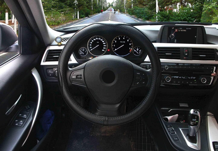 Valleycomfy Steering Wheel Covers Universal 15 inch - Genuine Leather, Breathable, Anti Slip & Odor Free (Black with Black Lines, M(14" 1/2-15" 1/4))